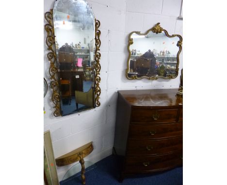 A GILT FRAMED BEVEL EDGED HALL MIRROR, with small wall mounted console style table/shelf and a gilt framed wall mirror (3) 