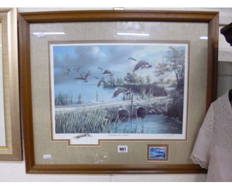 A FRAMED PRINT, Ken Zylla, lifting to the North, approximately 27cm x 40cm