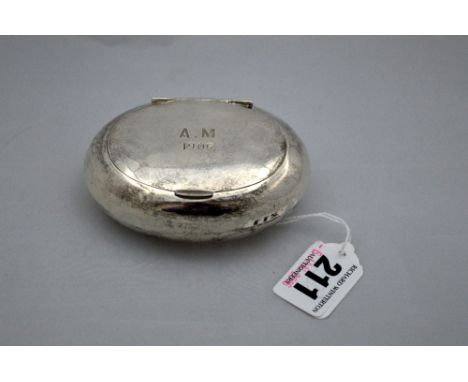 AN OVAL SILVER HINGED LID SNUFF BOX, monogrammed AM 1906, Birmingham 1905, A & J Zimmerman Ltd, approximately 9cm long, 2.5oz