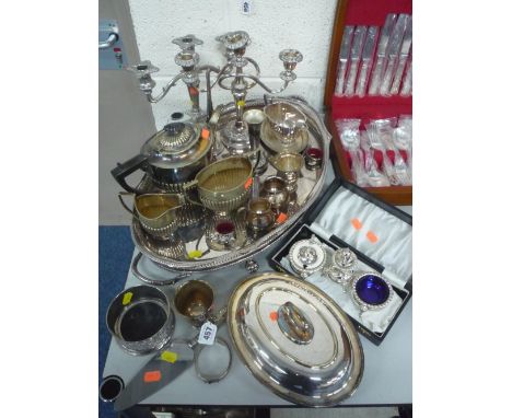 VARIOUS SILVER AND PLATED ITEMS, to include silver mug, Birmingham marks, silver bangle, large plated galleried edge tray etc