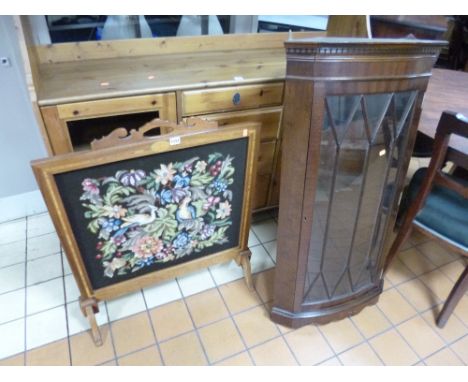 A FIRESCREEN WITH MAHOGANY INLAID FRAME, and a mahogany glazed corner cupboard (2) 