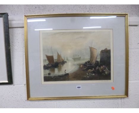 A SIGNED PRINT, ships and figures in port with embossed LXM mark and signed John Corthu Ness ?, 36cm x 48.5cm
