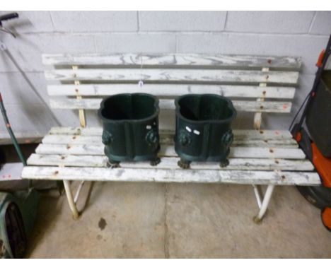 A PAINTED WOODEN  SLATTED GARDEN BENCH 