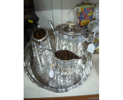 A THREE PIECE EPBM TEA SERVICE, on galleried edge oval tray (4) 