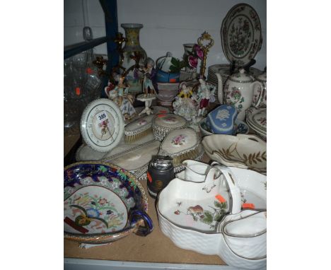 VARIOUS CERAMICS, dressing table set etc to include Mason's, Coalport 'Strawberry' basket, Dresden figure group etc 