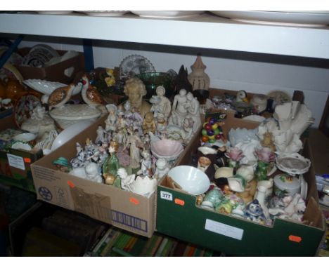 FIVE BOXES OF ORNAMENTS, GLASSWARES, etc to include Doulton figure, bisque figures etc 