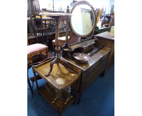 A MAHOGANY TRIPOD TABLE, oak tea trolley, pair of firedogs and a copper warming pan (5) 