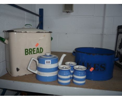 THREE T G GREEN SMALL STORAGE POTS, and a teapot (sd), together with enamel kitchenalia 