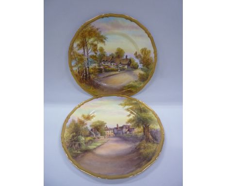 TWO HAND PAINTED ROYAL WORCESTER PLATES, Anne Hathaway's Cottage and Tewkesbury, with gilt borders, signed R Rushton, diamete