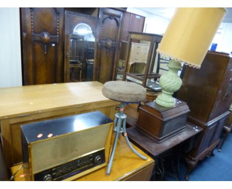 AN INDUSTRIAL STYLE SWIVEL STOOL, on metal supports, Defiant radio, a large table lamp with shade and a wall mirror (4)  