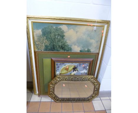 A FRAMED PRINT, CONSTABLE THE CORNFIELD approximately 84cm x 101cm, three other pictures and a brass frame wall mirror (5) 