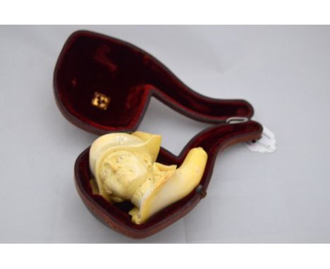 A CARVED MEERSCHAUM PIPE, modelled as Napoleon in fitted case (missing mouthpiece)