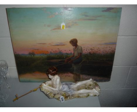 A CERAMIC FIGURE OF YOUNG BOY FISHING, length approximately 38cm (restoration) together with an oil on board, by R Perez-More
