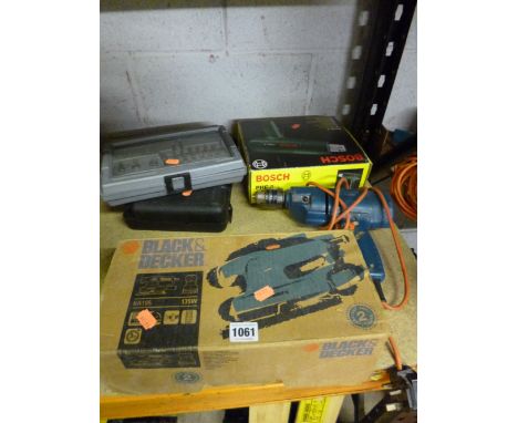 FOUR VARIOUS ELECTRIC HAND TOOLS, including a Black and Decker sander and a set of drill bits (5) 