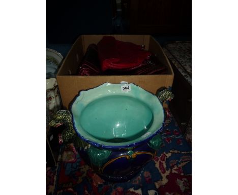 A MAJOLICA PLANTER, dragon handles (sd) and a box of various handbags etc 