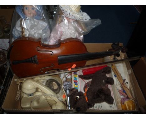 A BOXED PELHAM 'FAIRY' PUPPET,  a boxed remote control 'Dachshund', a Dynamic shure microphone, a violin and two collectors d