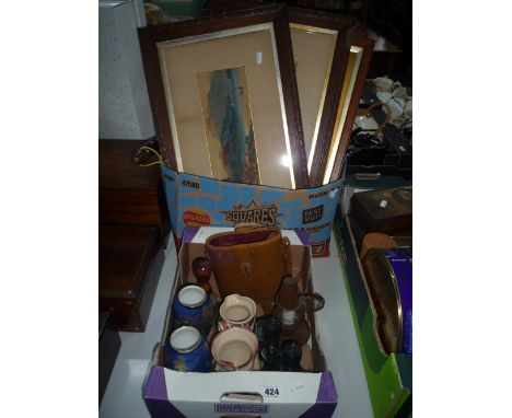 TWO BOXES OF SUNDRIES, to include a pair of Carltonware vases, Oriental scene (one sd), binoculars, watercolours etc 