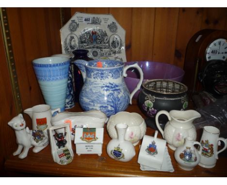 VARIOUS CERAMICS, to include two Shelley vases, blue and white jug, Carltonware bowl, crested wares etc 