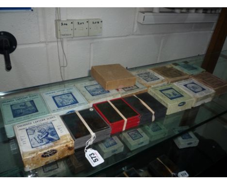 VARIOUS BOXED AND LOOSE COLOURED MAGIC LANTERN SLIDES, to include Nursery Rhymes, Jack and the Beanstalk, Our Colonies, The b