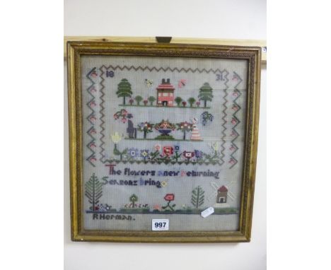 A FRAMED WOOLWORK TAPESTRY, 'The Flowers a new Returning Seasons Bring' by R Herman dated 1831, approximately 32cm x 29.5cm