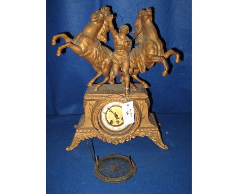 19th century gilded spelter equestrian two train mantle clock surmounted by two Marley type horses with ostler. 