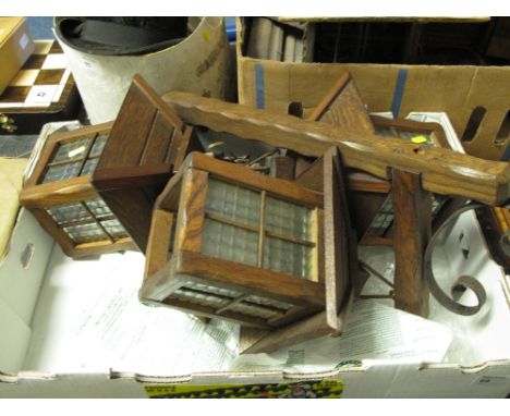 Three rustic wooden lantern type light fittings, one with wall bracket. (3)