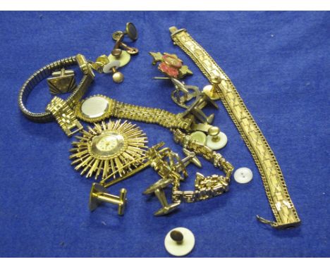 Silver brooch together with assorted cufflinks, watches, pendants etc. 