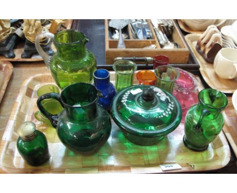 Tray of assorted glassware to include Mary Gregory style cups, waisted vases, jug, trinket jar and cover etc, cranberry glass