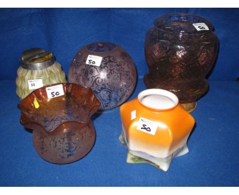 Group of assorted pendant and oil lamp glass shades. (5)