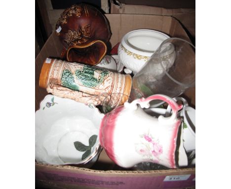 Box of assorted china to include Wood and Son relief figural jug, various floral planter, baluster floral jugs, together with