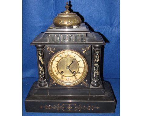 Late 19th century black slate and marble two train and architectural mantle clock. 