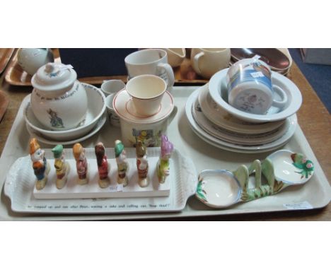 Tray of assorted china to include Wedgwood Beatrix Potter designs Peter Rabbit jar and cover, Breakfast bowl, mug and saucer 