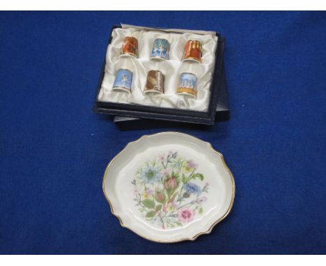 Cased set of six Royal Worcester thimbles together with Aynsley china dish, both boxed. (2)