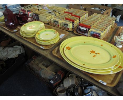 Three trays of china to include Myott Son & Co. hand painted floral banded dinner ware comprising oval meat dishes, various p