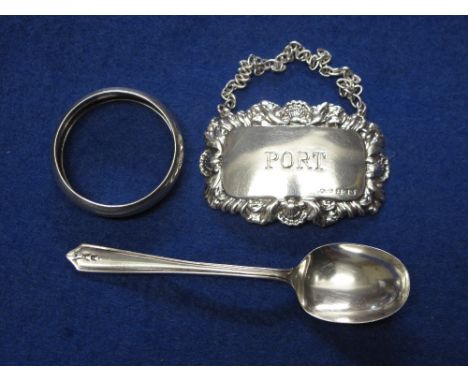 Silver port decanter label, napkin ring and silver spoon. 