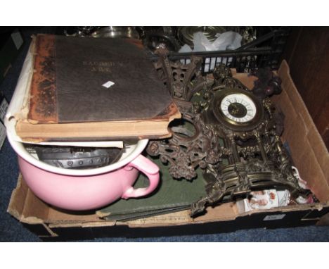 Tray of assorted items to include metal study of a boat (extra 55 cognac), brass figural and architectural clock, box of plas
