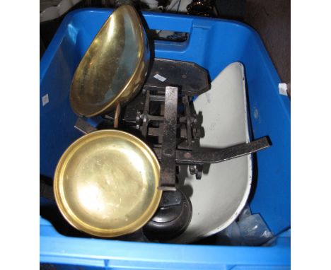Vintage Boot's Chemists shop weighing scales together with another cast iron shop scales with assorted weights etc. 