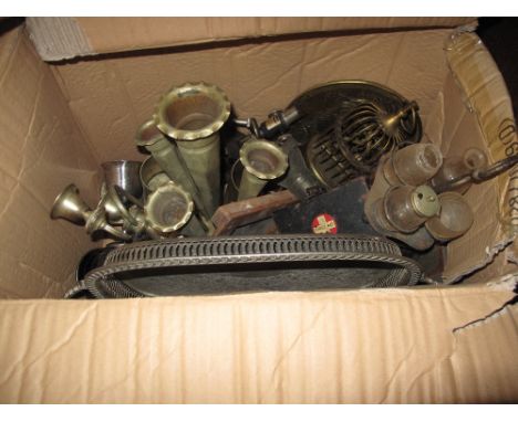 Box of assorted metal ware to include brass epergne, plated tankards, two handled tray, plated candelabra, miniature first ai