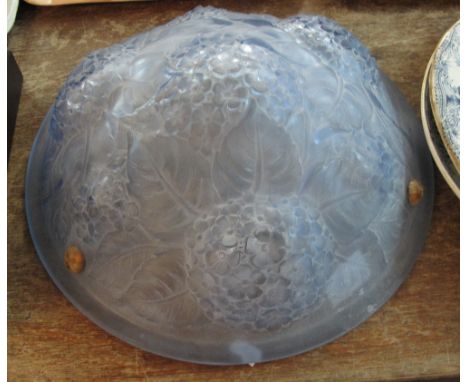 Blue frosted glass circular light fitting decorated with relief floral and foliate work. 