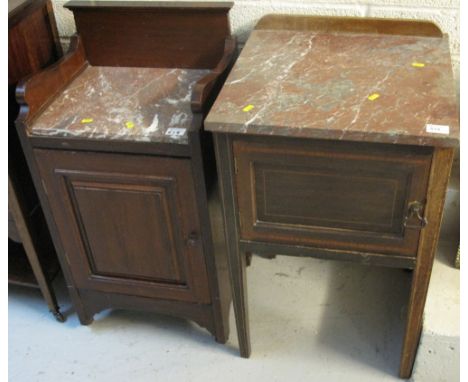 Edwardian mahogany inlaid pot cupboard with marble top together with a similar mahogany pot cupboard on ceramic casters with 