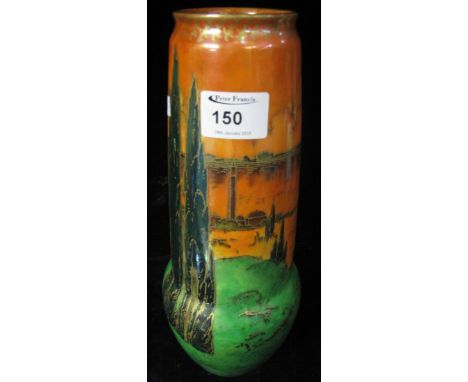 Royal Worcester Crown ware luster vase decorated with eastern landscaped on a orange and green ground. Printed marks to base 