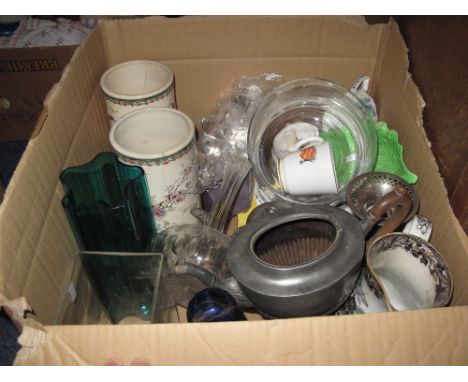 Box of assorted items to include glass vases, pair of floral cylinder vases, loose plated cutlery, plated teapot, glass decan