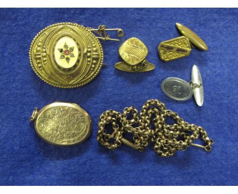 9ct gold brooch, odd cufflinks, yellow metal chain, and engraved yellow metal locket. 