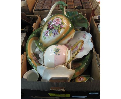 Tray of assorted china to include Staffordshire floral jug and basin set, ceramic biscuit barrels with plated lids, bird and 