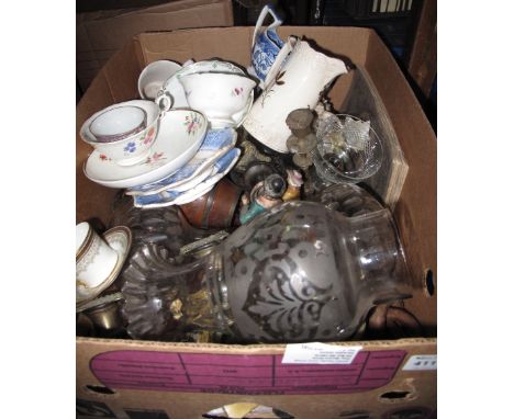 Box of assorted china and glass to include floral part tea ware, glass decanter, plated candelabras, pewter tankard, drinking