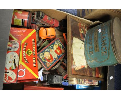 Box of assorted collectables to include Radiance Toffee tin, school girl's story bumper annual, fire station commemorative it