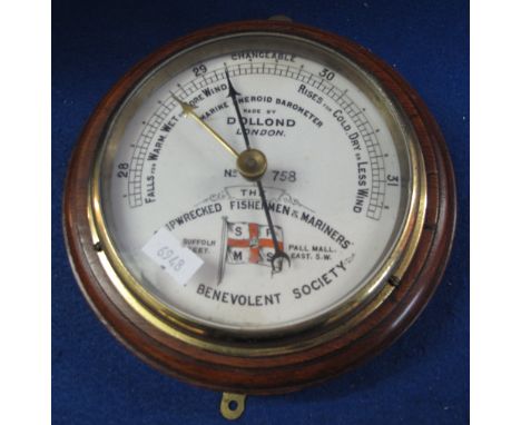 Dollond marine aneroid barometer marked 'The Shipwrecked Fisherman and Mariners Royal Benevolent Society'. No. 758.  CONDITIO