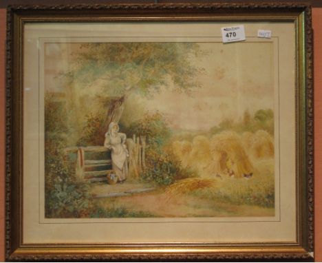 C. J. Keats (British 19th century) in the manner of Birkett-Foster, farm girl leaning on a gate near a field of corn with chi