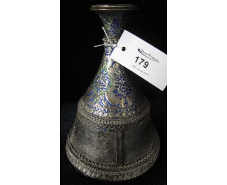 White metal, leather and enamel Persian flask/decanter.  CONDITION REPORT; Wear to plate (copper showing through)  Leather is