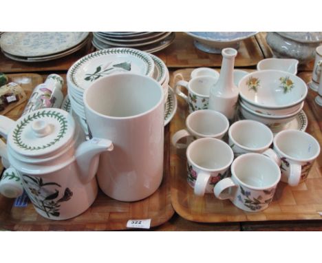 Two trays of Portmeirion Pottery 'The Botanic Garden' and other designs to include rolling pin, coffee pot, plates, cups, sau